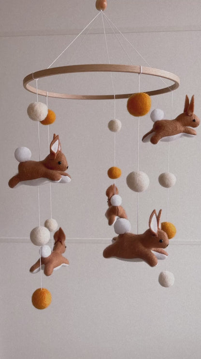 Jumping bunny mobile with felted balls