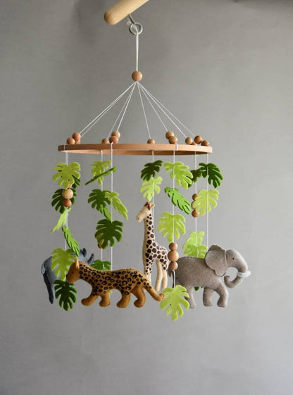 Safari mobile with giraffe, hippo, cheetah, elephant and wooden pearls