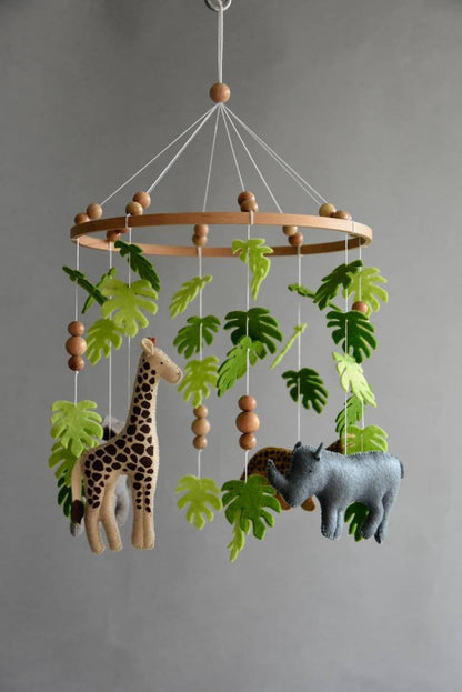 Safari mobile with giraffe, hippo, cheetah, elephant and wooden pearls