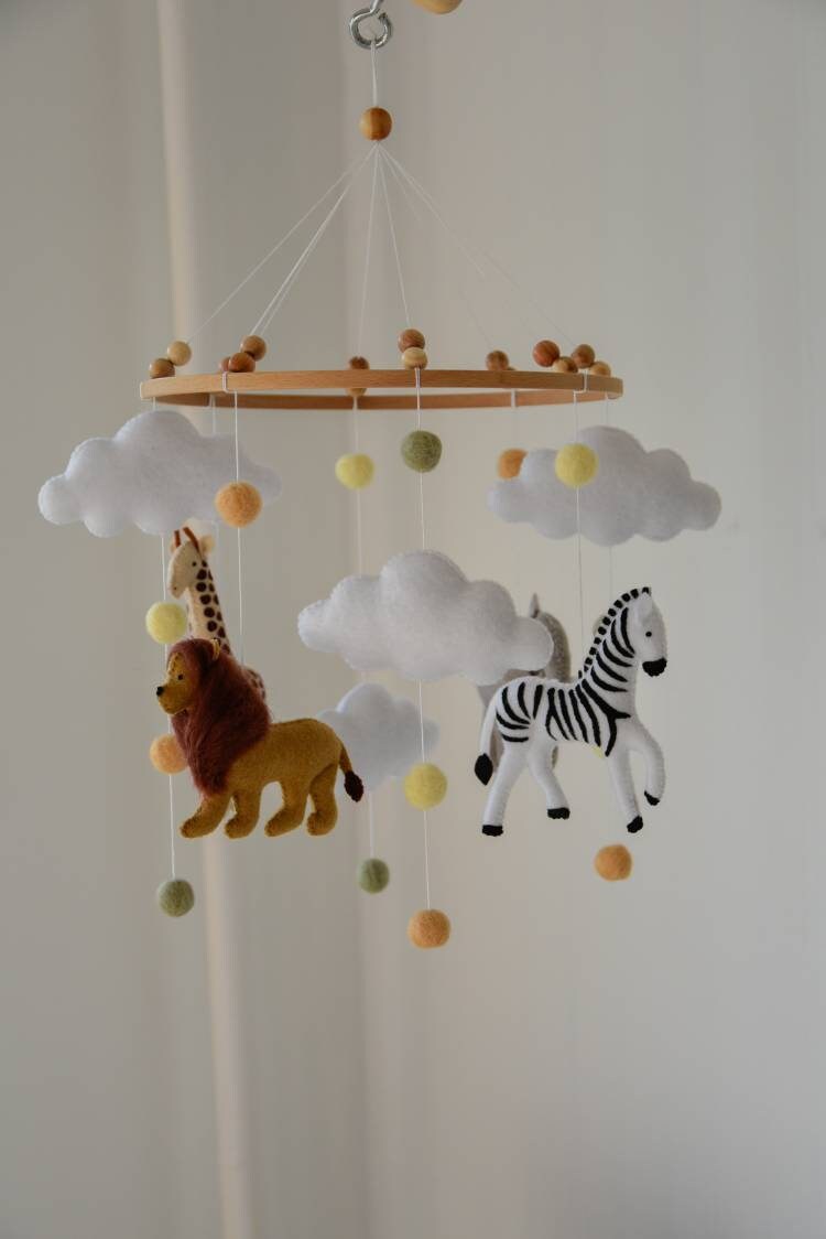 Safari mobile with felted balls cloud elephant giraffe zebra lion