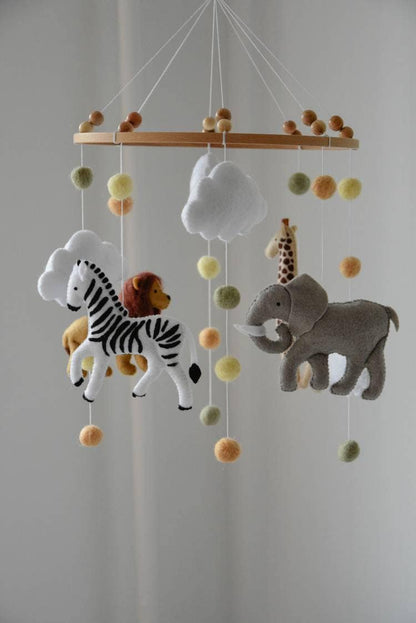 Safari mobile with felted balls cloud elephant giraffe zebra lion