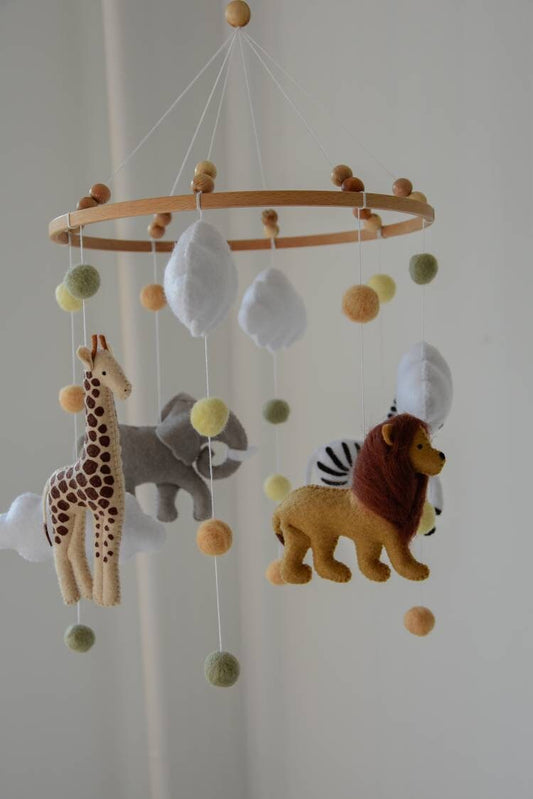 Safari mobile with felted balls cloud elephant giraffe zebra lion