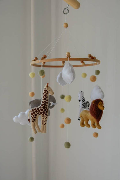 Safari mobile with felted balls cloud elephant giraffe zebra lion