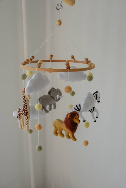 Safari mobile with felted balls cloud elephant giraffe zebra lion