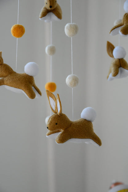 Jumping bunny mobile with felted balls