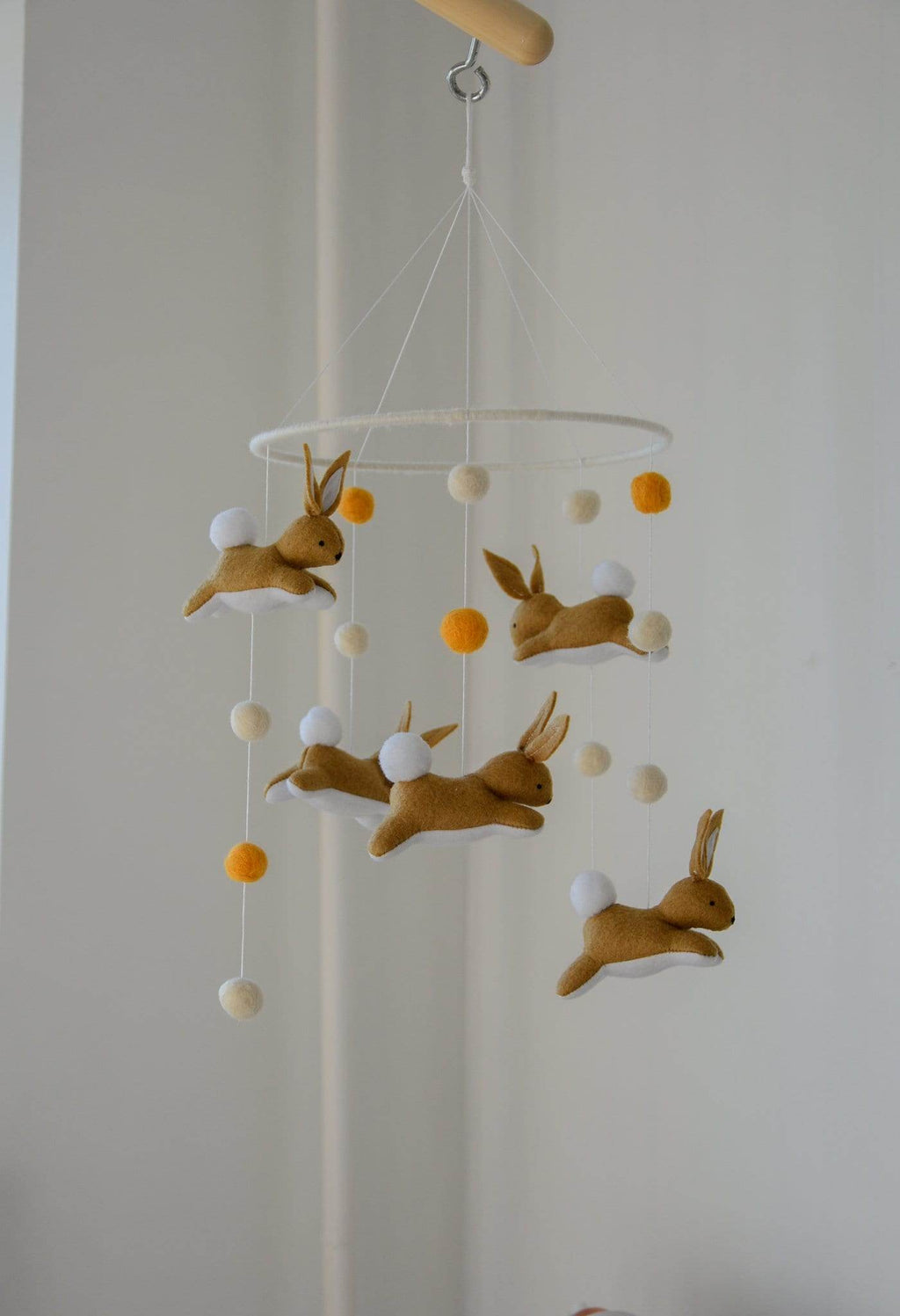 Jumping bunny mobile with felted balls - Minidreams Decor