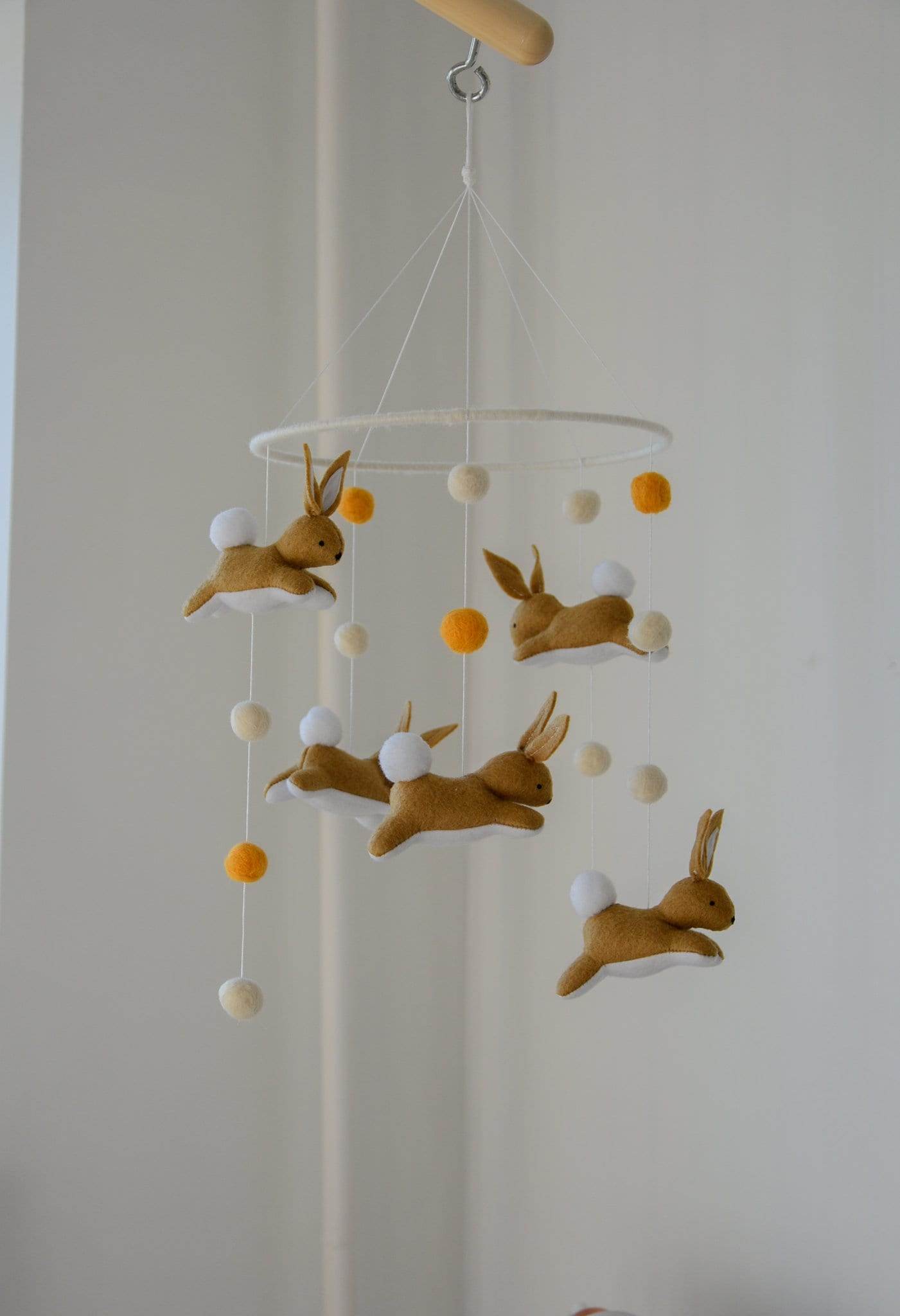 Jumping bunny mobile with felted balls - Minidreams Decor