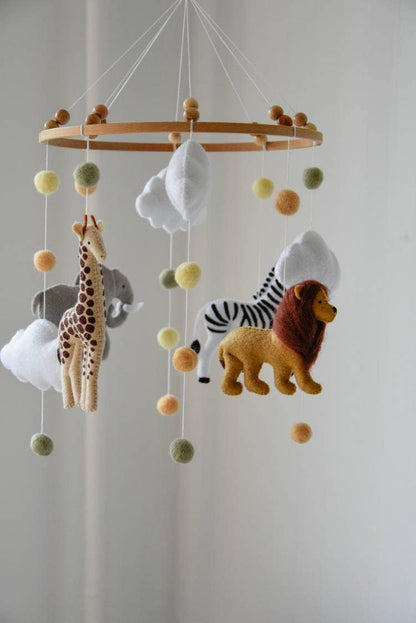 Safari mobile with felted balls cloud elephant giraffe zebra lion