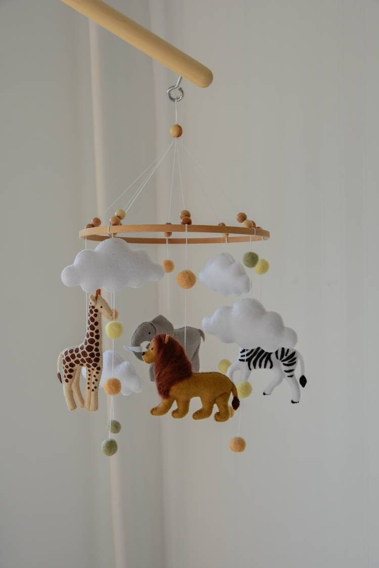 Safari mobile with felted balls cloud elephant giraffe zebra lion