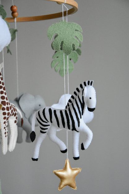 Safari mobile with felt, giraffe, lion, zebra, elephant, star and clouds