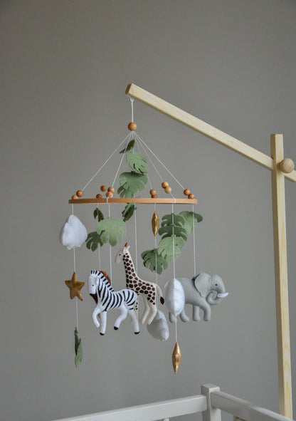 Safari mobile with felt, giraffe, lion, zebra, elephant, star and clouds