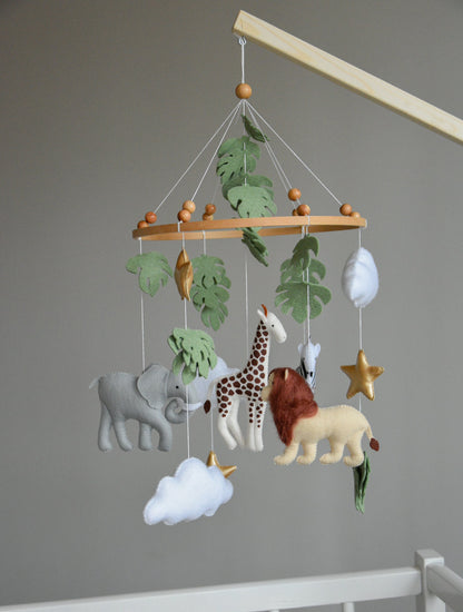 Safari mobile with felt, giraffe, lion, zebra, elephant, star and clouds