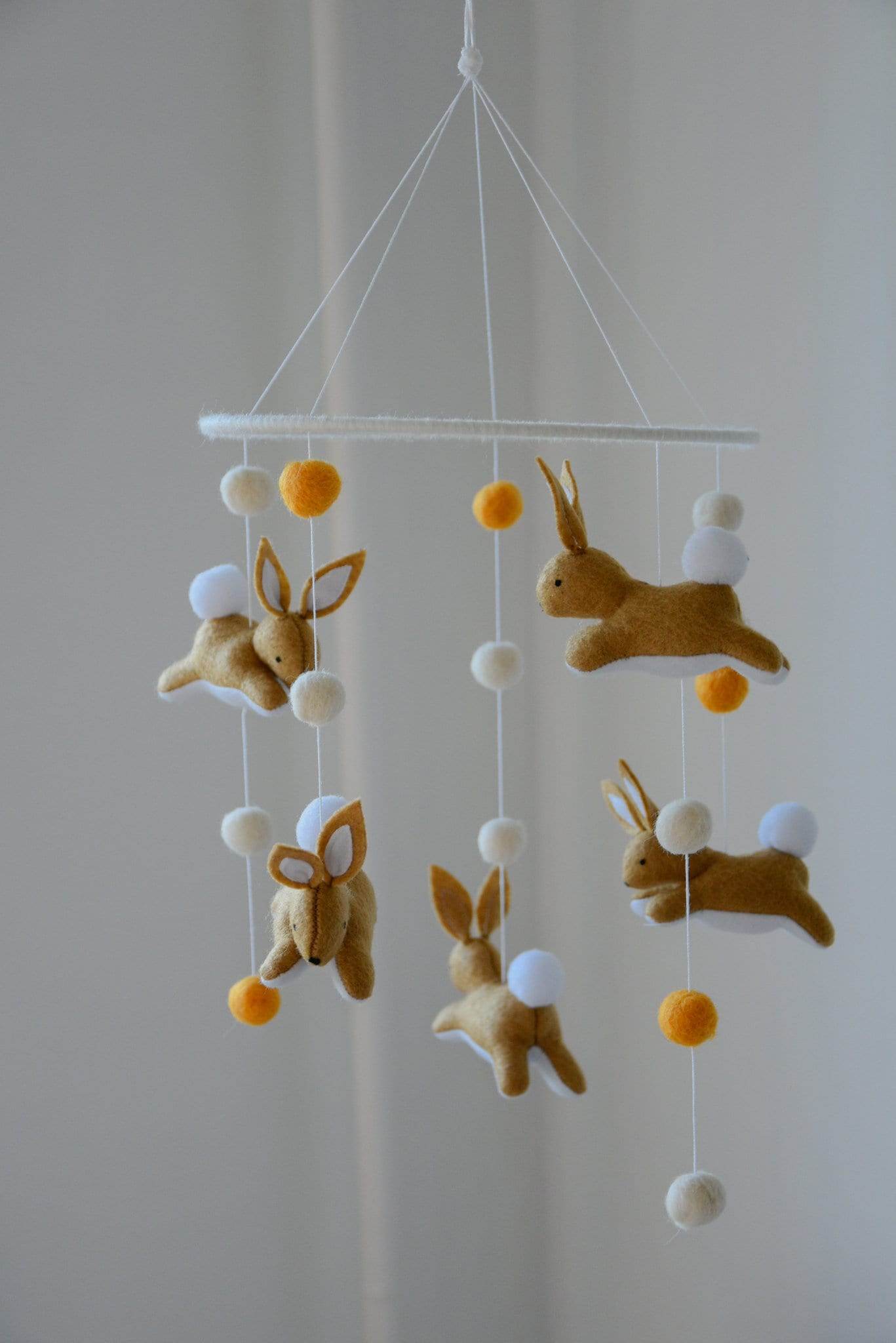 Jumping bunny mobile with felted balls - Minidreams Decor