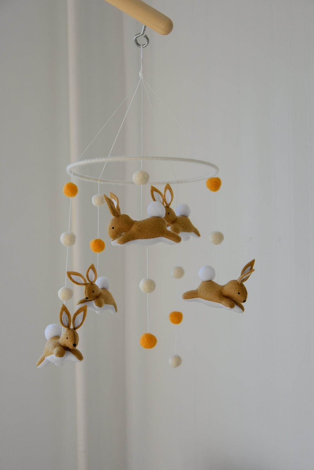 Jumping bunny mobile with felted balls - Minidreams Decor