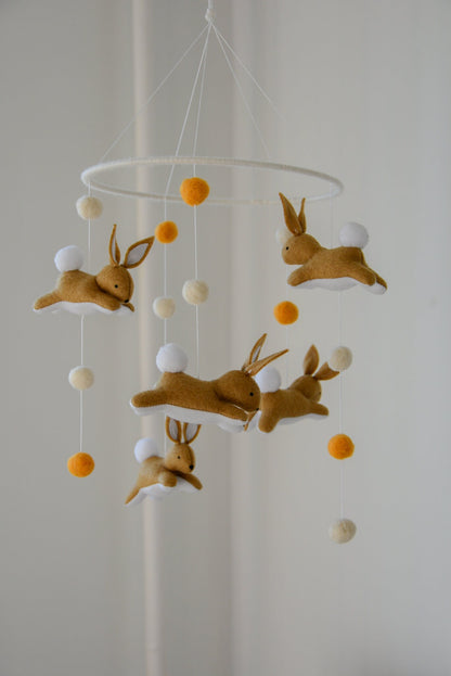 Jumping bunny mobile with felted balls