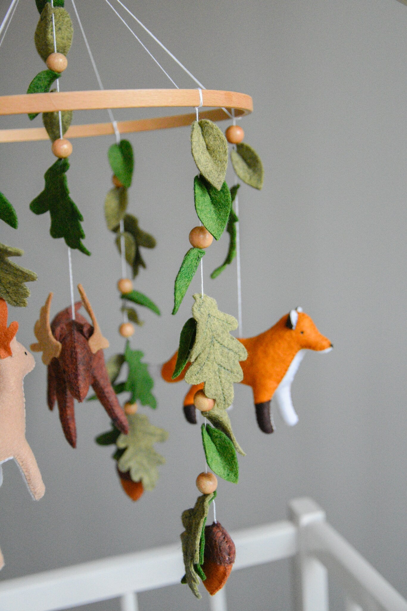 Woodland mobile with fox, reindeer, moose, bunny and leaves