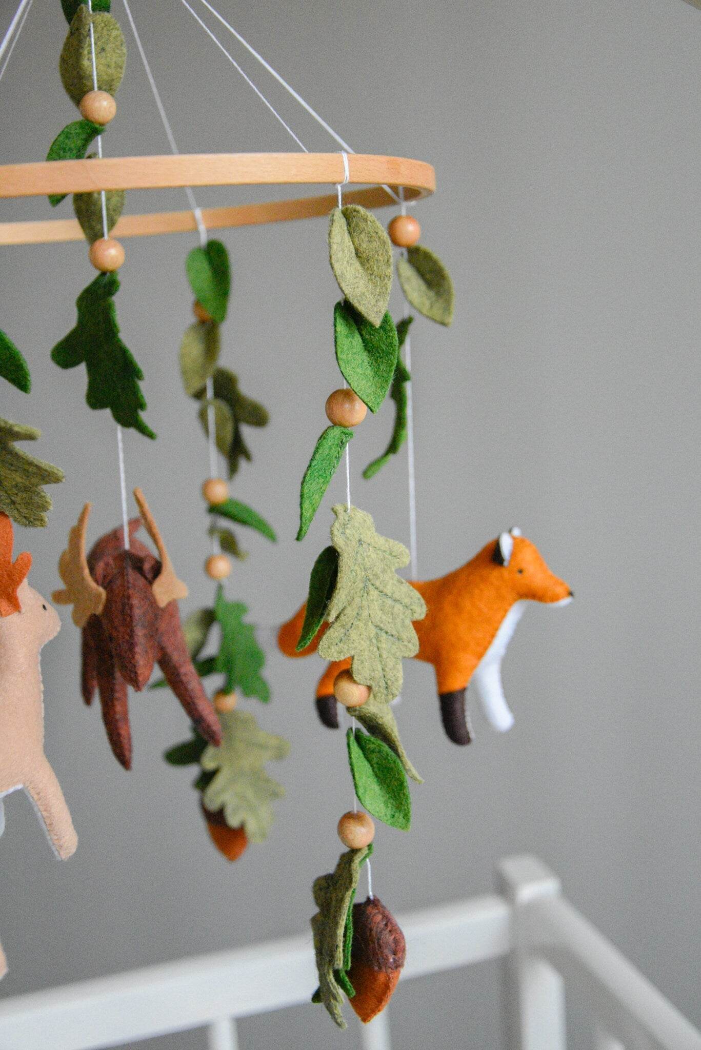 Woodland mobile with fox, reindeer, moose, bunny and leaves - Minidreams Decor