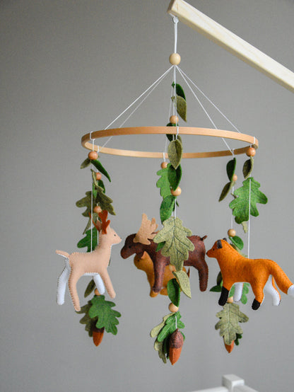 Woodland mobile with fox, reindeer, moose, bunny and leaves