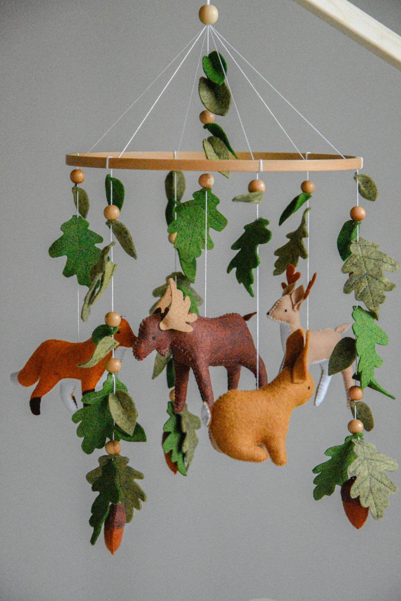 Woodland mobile with fox, reindeer, moose, bunny and leaves - Minidreams Decor