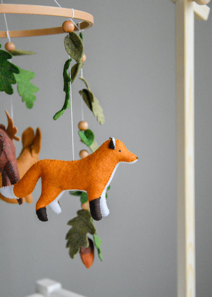 Woodland mobile with fox, reindeer, moose, bunny and leaves