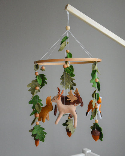 Woodland mobile with fox, reindeer, moose, bunny and leaves