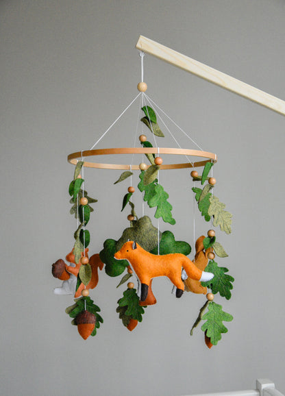 Woodland mobile with  fox, bunny, squirrel, willow and leaves