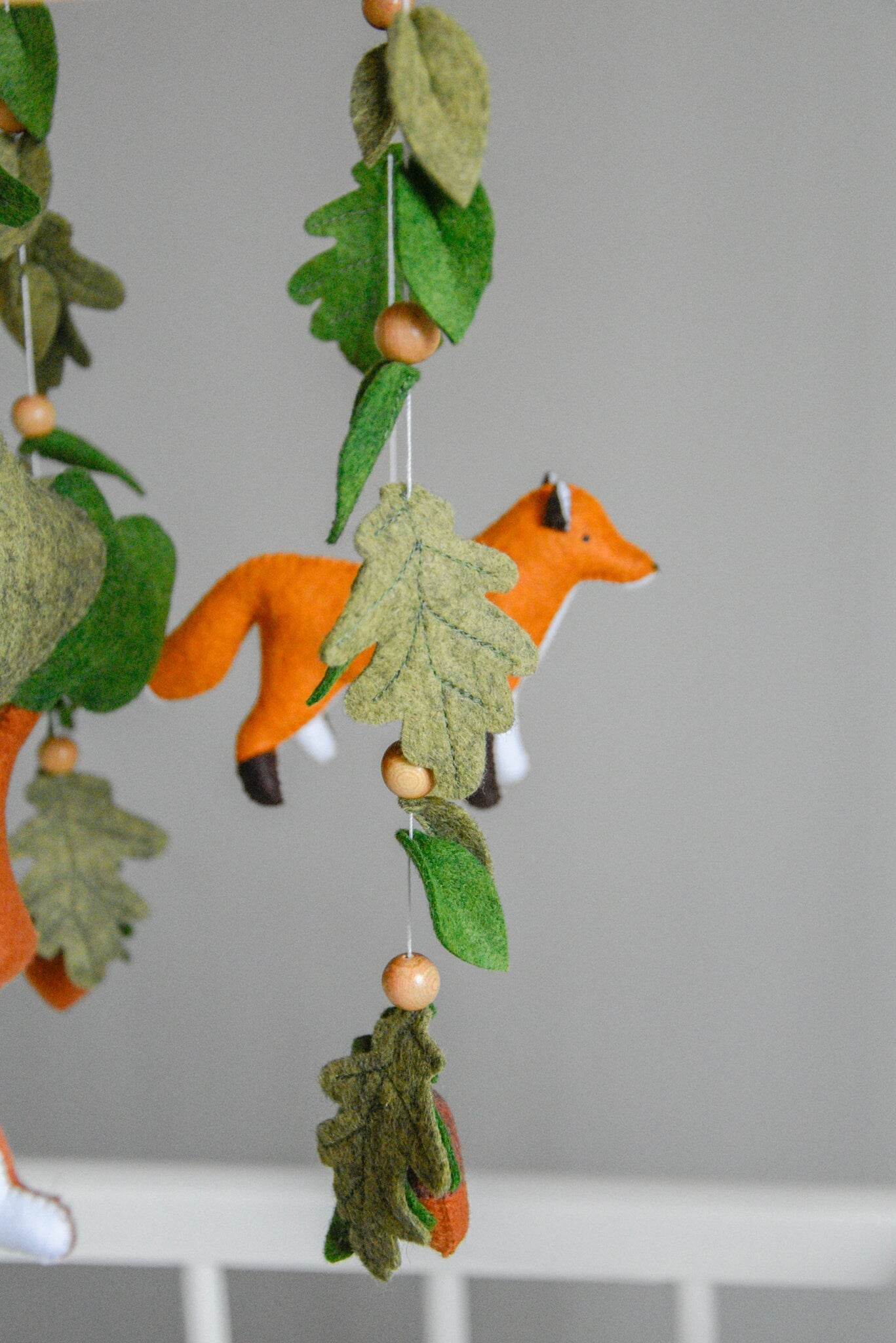 Woodland mobile with fox, bunny, squirrel, willow and leaves - Minidreams Decor