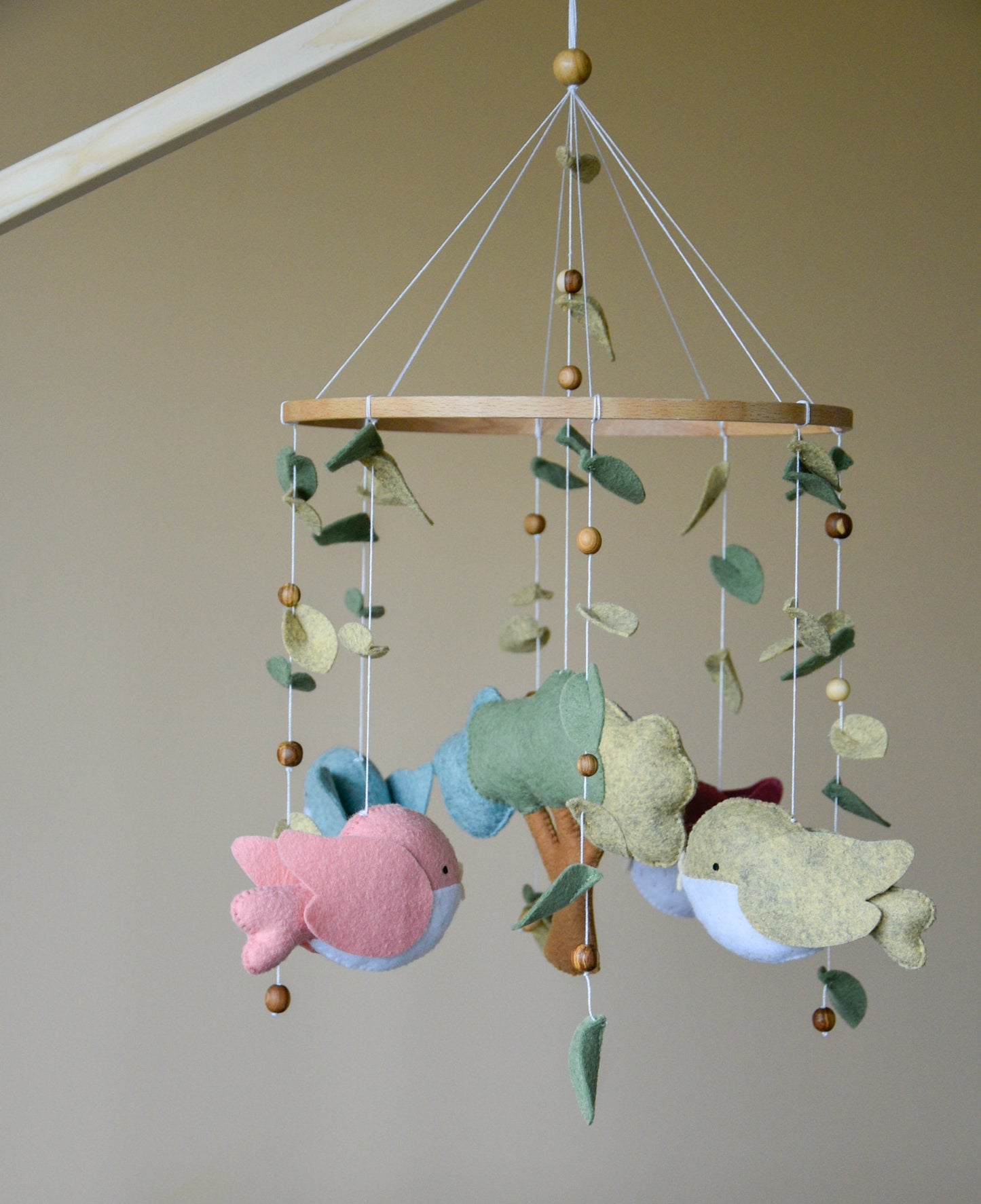 Woodland birds mobile with tree and leaves