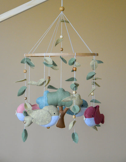 Woodland birds mobile with tree and leaves