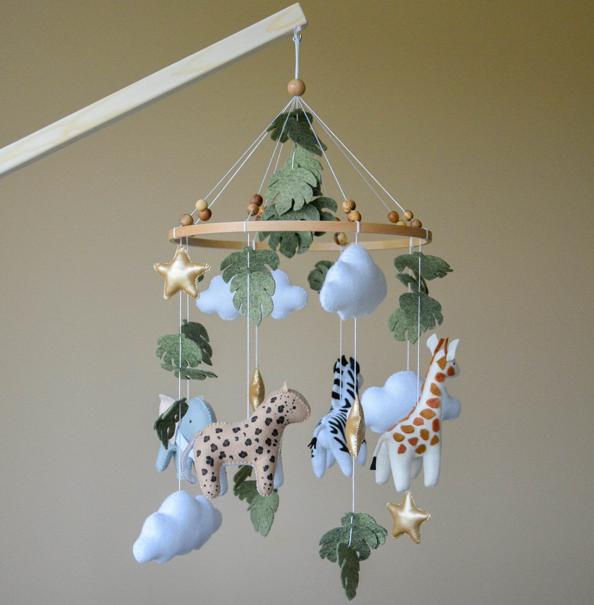 Safari mobile with cute African animals,giraffe, elephant, lion, zebra and monstera leaves - Minidreams Decor
