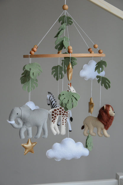 Safari mobile with felt, giraffe, lion, zebra, elephant, star and clouds