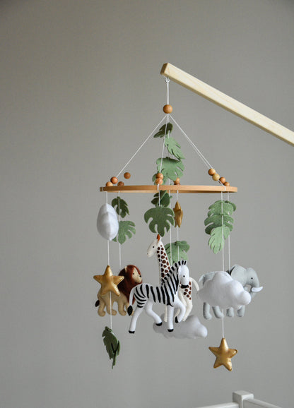 Safari mobile with felt, giraffe, lion, zebra, elephant, star and clouds