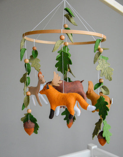 Woodland mobile with fox, reindeer, moose, bunny and leaves