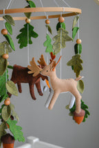 Woodland mobile with fox, reindeer, moose, bunny and leaves - Minidreams Decor