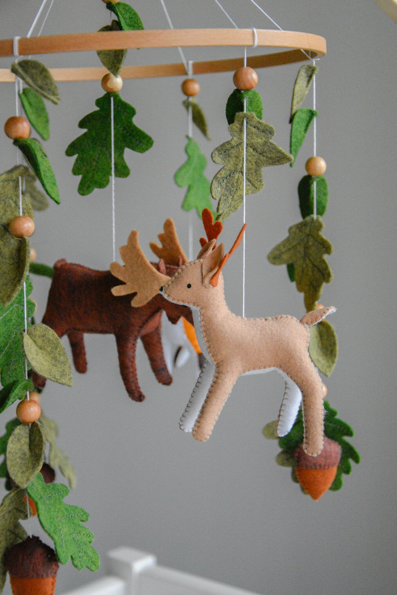 Woodland mobile with fox, reindeer, moose, bunny and leaves