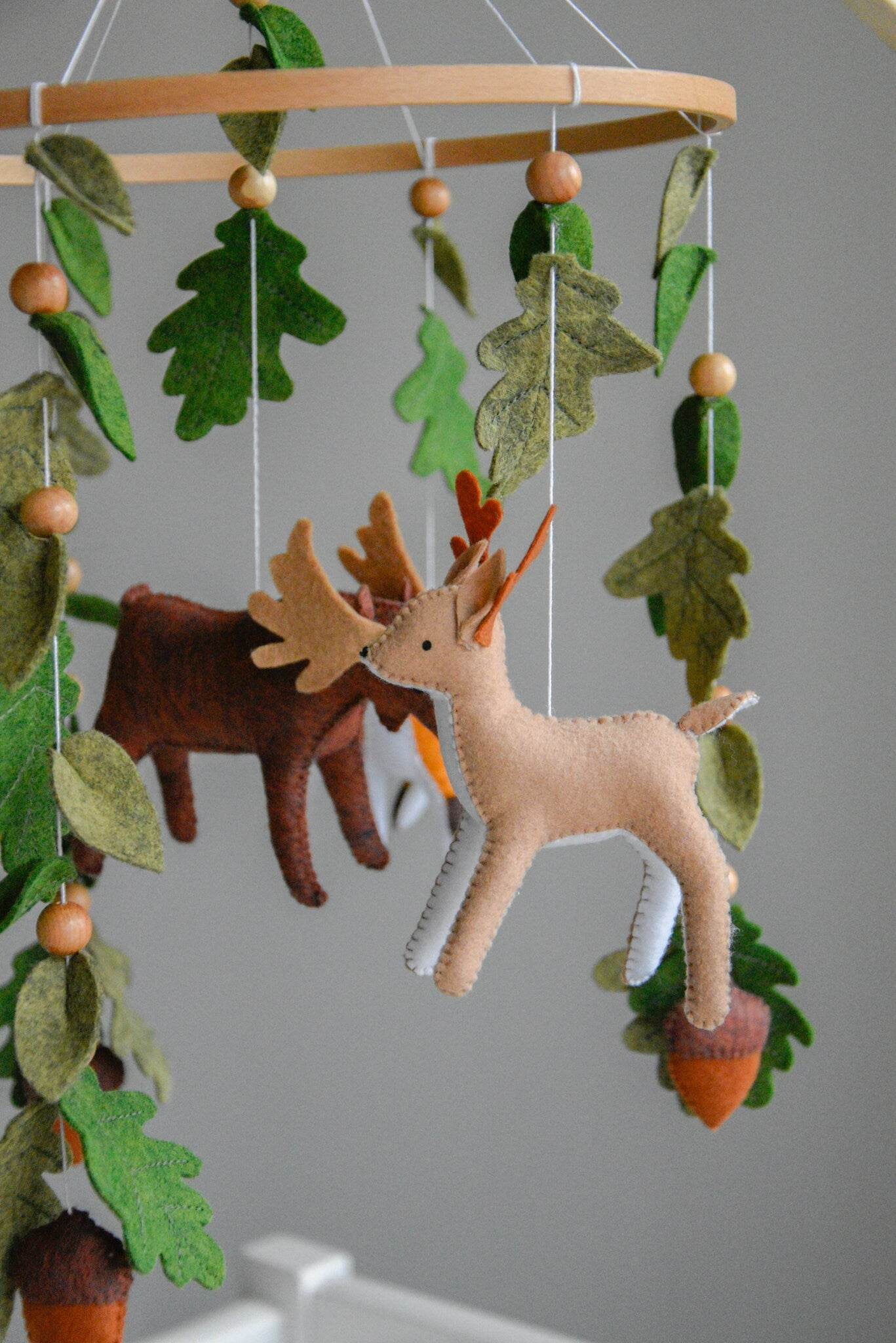 Woodland mobile with fox, reindeer, moose, bunny and leaves - Minidreams Decor