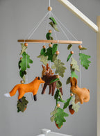 Woodland mobile with fox, reindeer, moose, bunny and leaves - Minidreams Decor