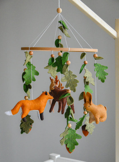 Woodland mobile with fox, reindeer, moose, bunny and leaves