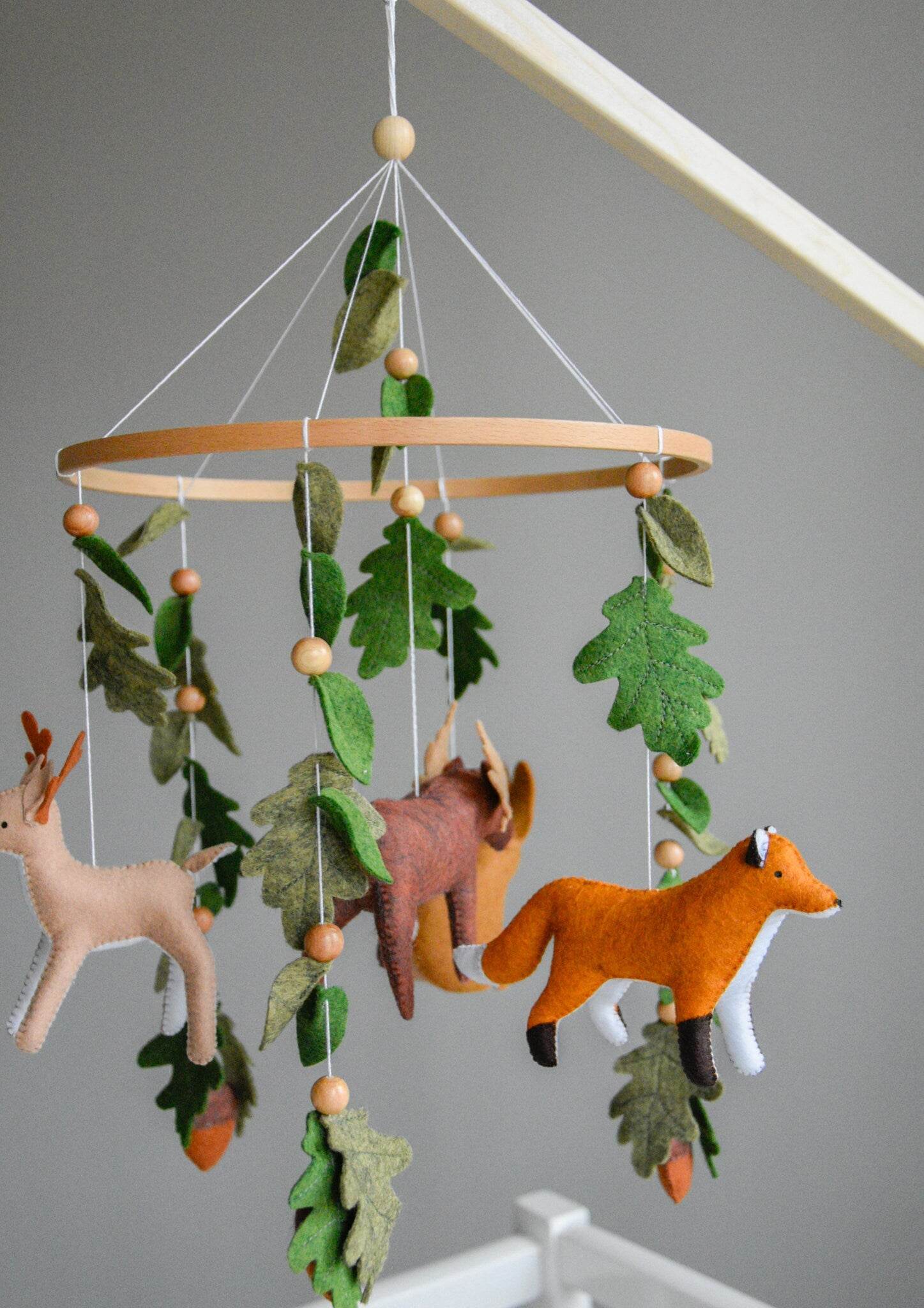 Woodland mobile with fox, reindeer, moose, bunny and leaves - Minidreams Decor