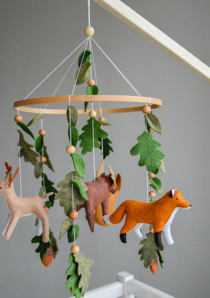 Woodland mobile with fox, reindeer, moose, bunny and leaves