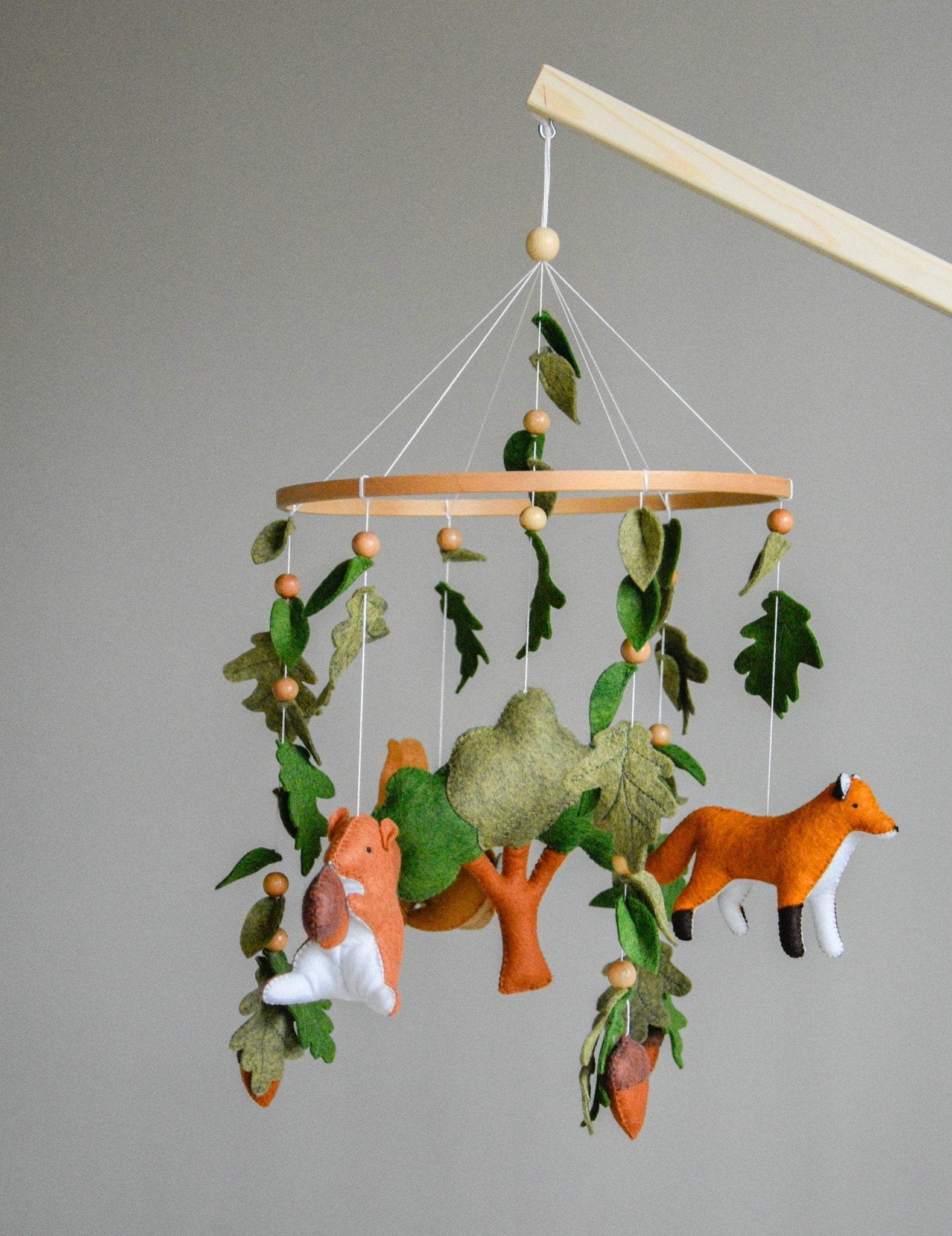 Woodland mobile with fox, bunny, squirrel, willow and leaves - Minidreams Decor