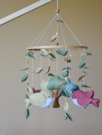 Woodland birds mobile with tree and leaves