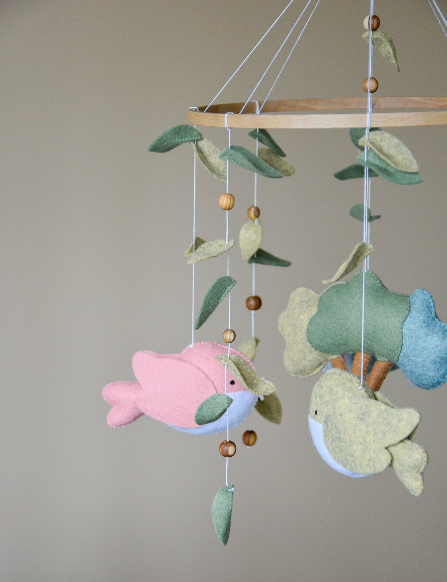 Woodland birds mobile with tree and leaves