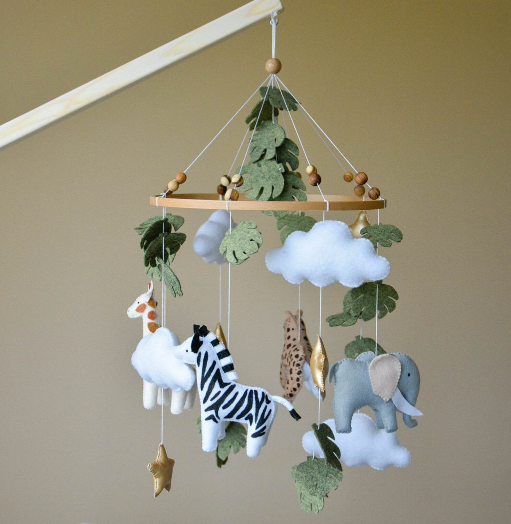 Safari mobile with cute African animals,giraffe, elephant, lion, zebra and monstera leaves - Minidreams Decor