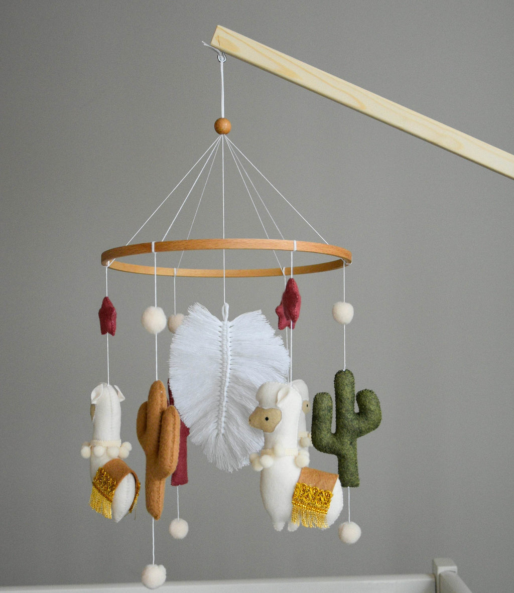 Llama mobile with cactus, felted balls and stars - Minidreams Decor