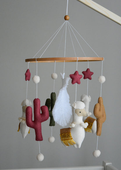 Llama mobile with cactus, felted balls and stars