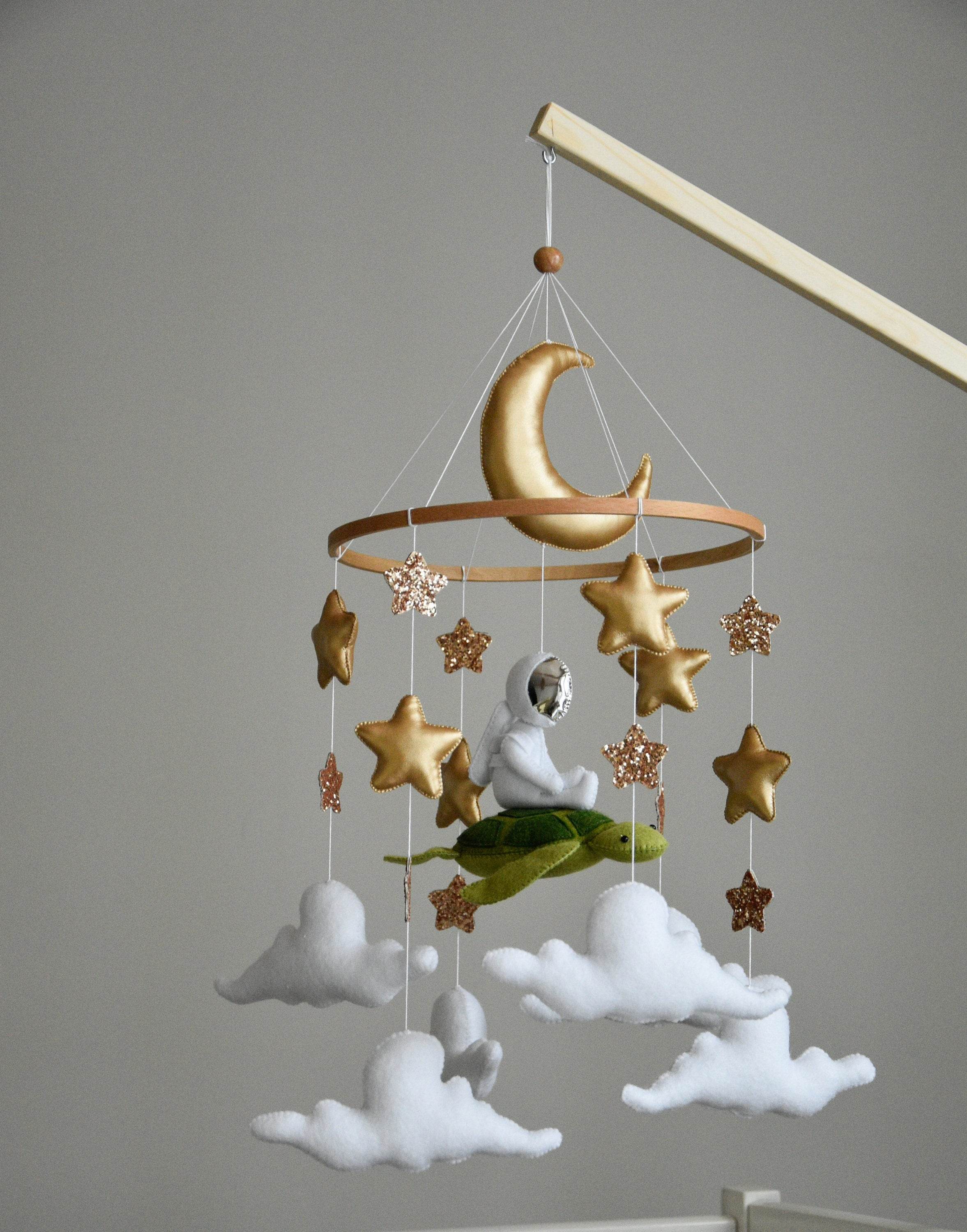 Mobile with astronaut, golden stars and moon, space style - Minidreams Decor