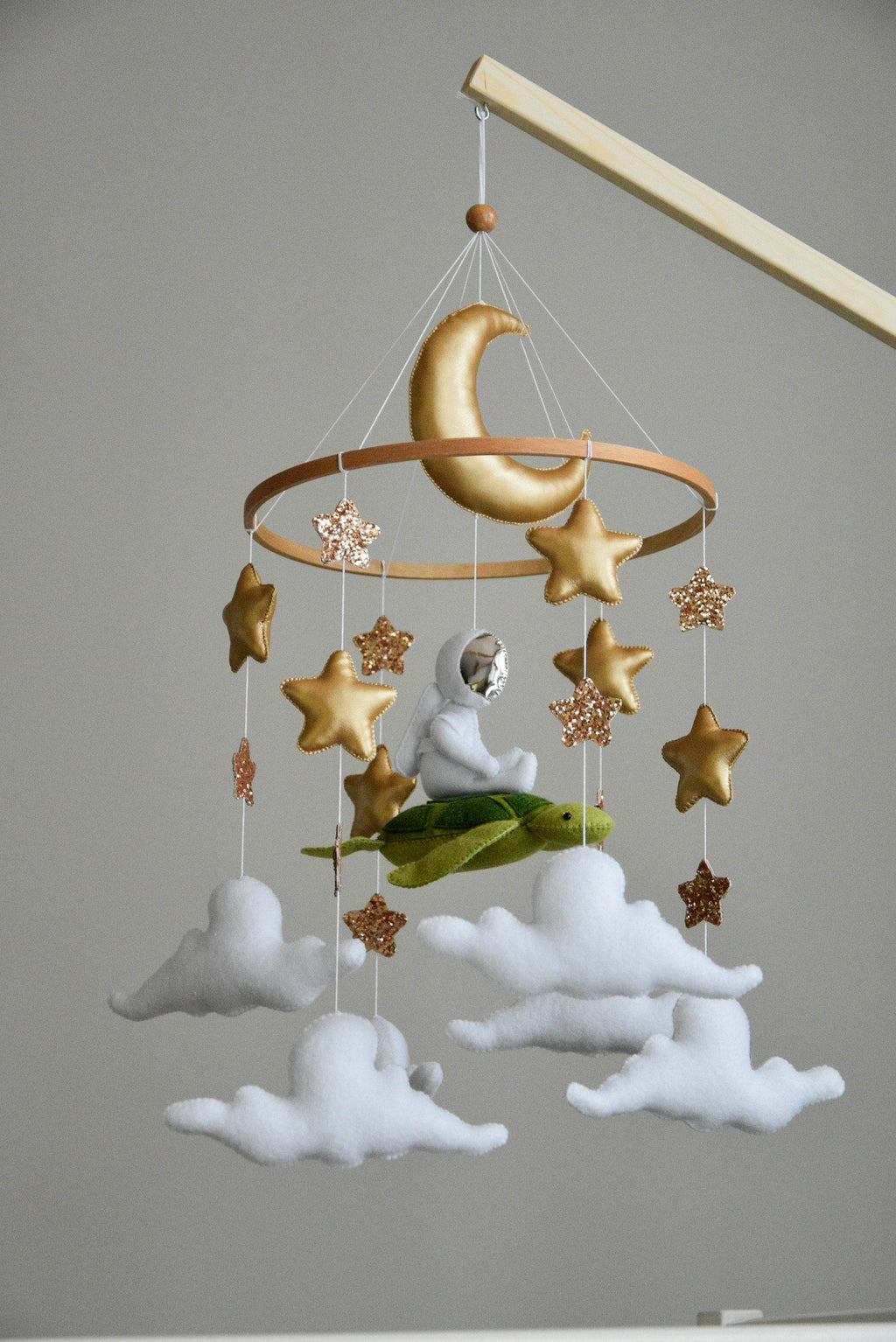 Mobile with astronaut, golden stars and moon, space style - Minidreams Decor
