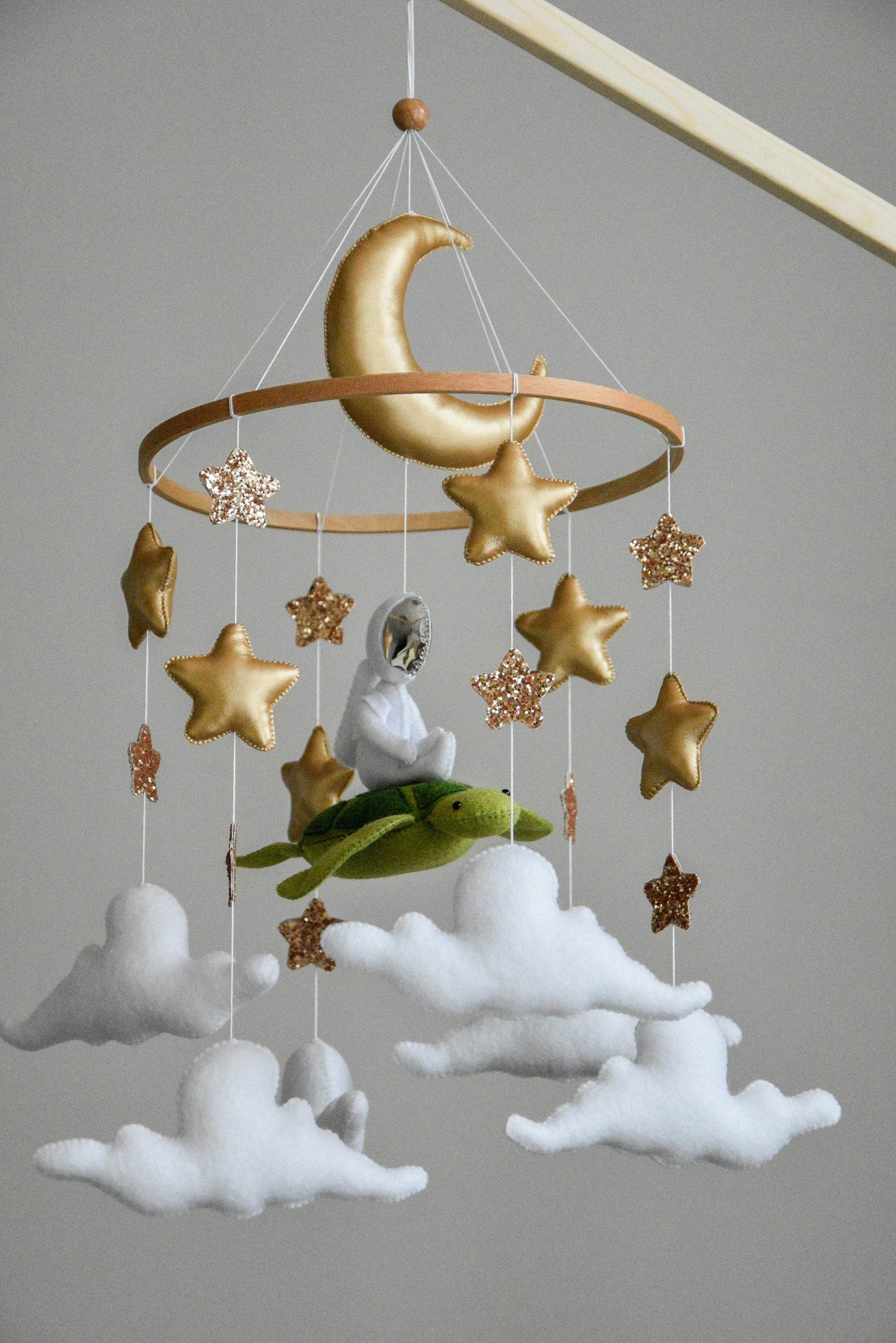 Mobile with astronaut, golden stars and moon, space style - Minidreams Decor