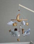 Safari mobile with giraffe, lion, elephant, moon, stars and clouds - Minidreams Decor